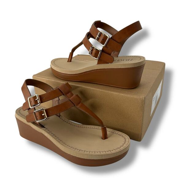 NEW Journee Strappy Boho Sandals Size 8 Brown Summer T-Strap Wedge Heels Buckle - Picture 1 of 9